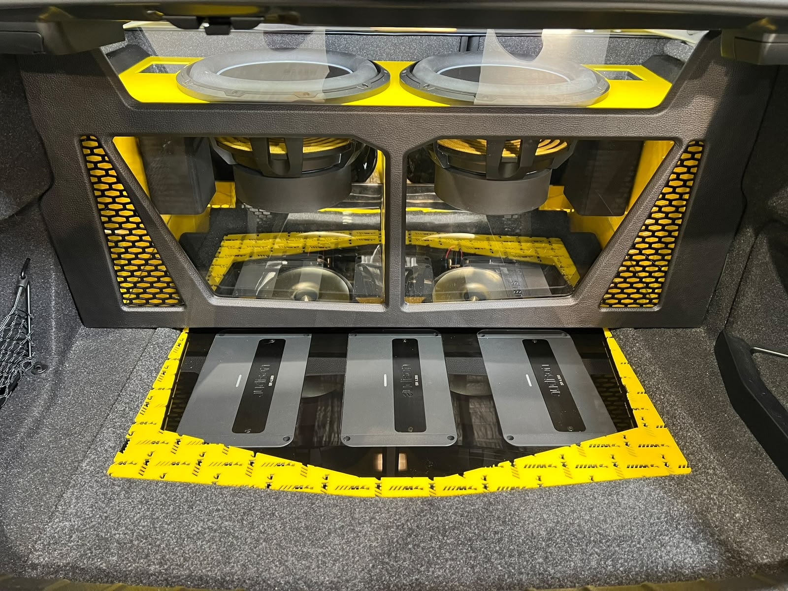 Four-subwoofer boot enclosure built and finished in-house