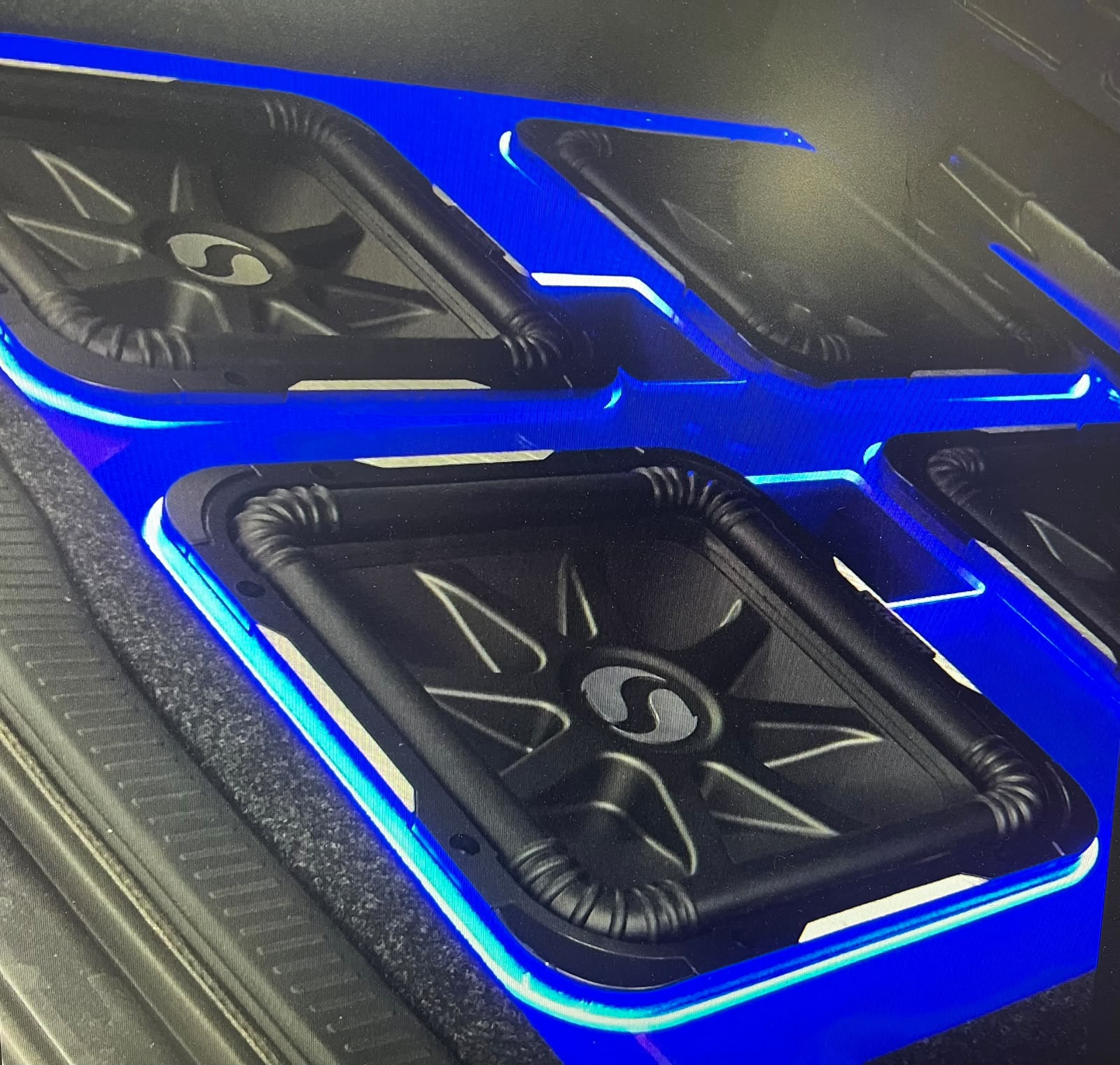 Backlit custom subwoofer panel with integrated LED detailing